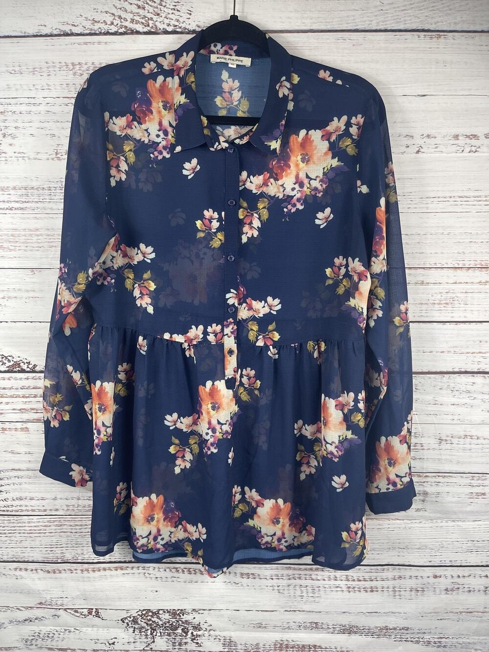Marie Philippe Heather Tunic Shirt Women's 40 US L Blue Floral Sheer Long Sleeve